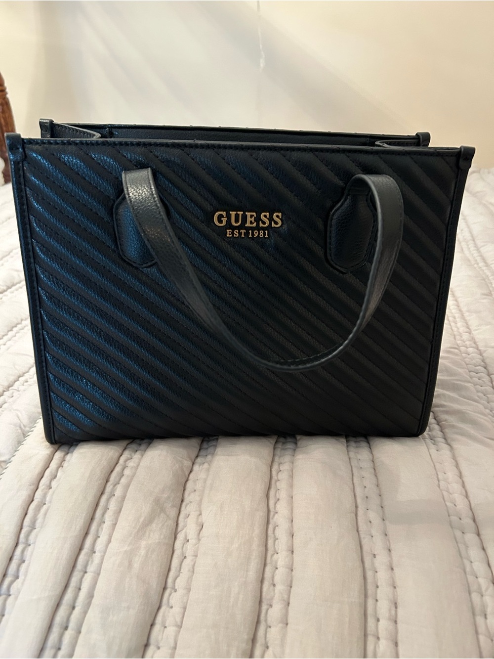 Guess Black Quilted Satchel with Gold Logo